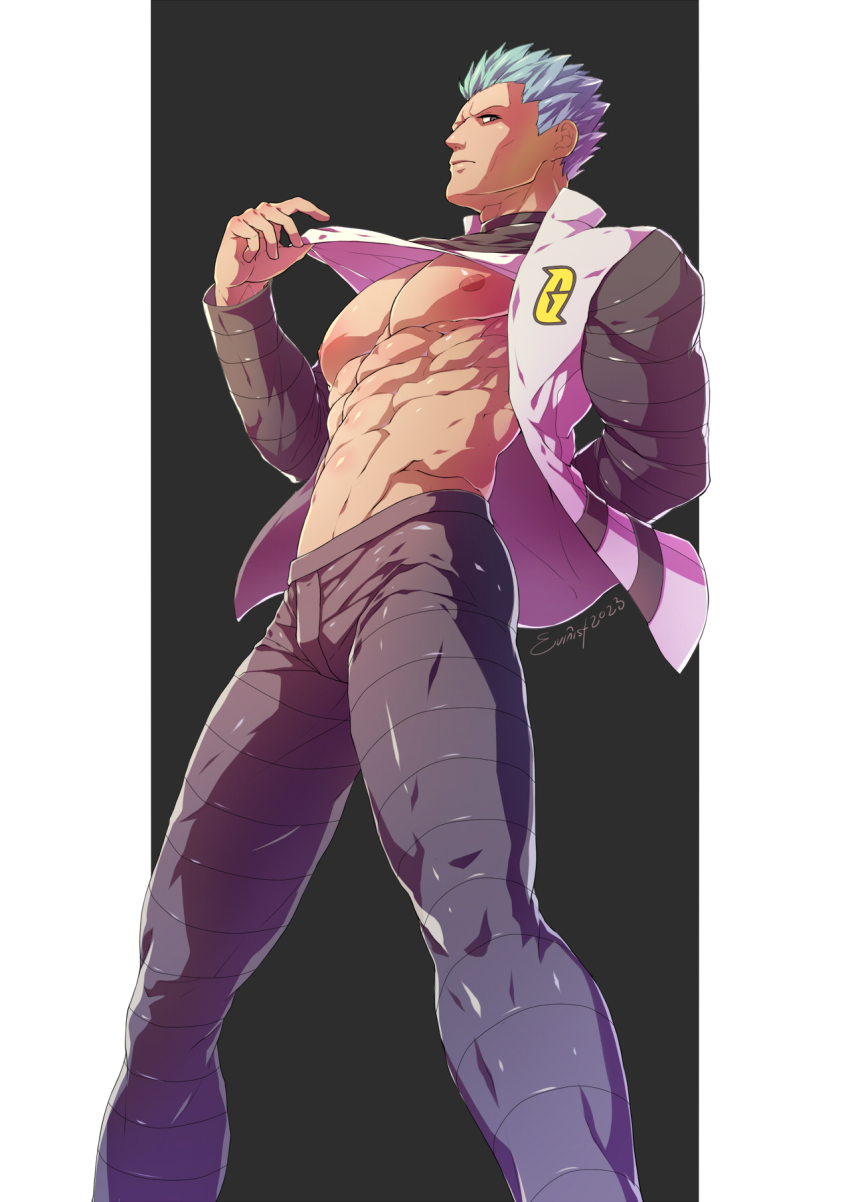 1boy abs bara bare_pectorals black_jacket black_pants closed_mouth clothes_lift cyrus_(pokemon) evinist highres jacket large_pectorals male_focus muscular muscular_male navel nintendo nipples open_clothes open_jacket pants pectorals pokemon pokemon_dppt shirt shirt_lift short_hair solo white_hair white_shirt