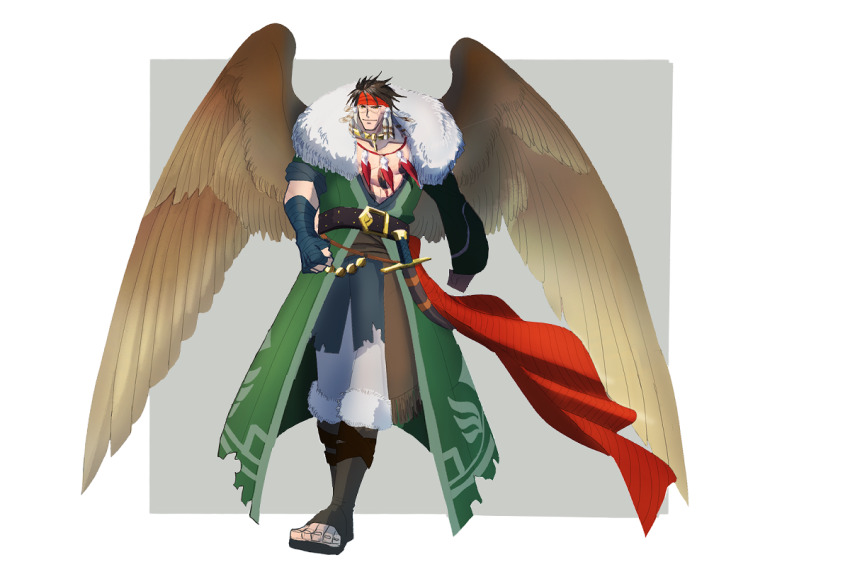 1boy bandaged_hand bandages bara closed_mouth coat commentary_request cross_scar feather_necklace feathered_wings fire_emblem fire_emblem:_radiant_dawn fur-trimmed_coat fur_trim headband jewelry male_focus muscular muscular_male naesala1063 necklace nintendo pectorals red_headband scar scar_across_eye scar_on_face scar_on_nose smile tibarn_(fire_emblem) wings
