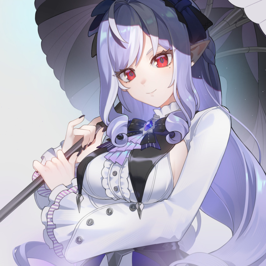 1girl ahoge black_nails bow bowtie breasts center_frills commentary english_commentary frills hairband highres holding holding_umbrella loikomax long_hair long_sleeves looking_at_viewer mole mole_under_eye pointy_ears purple_hair red_eyes ringlets sideboob sidelocks simple_background smile solo umbrella upper_body vivian_(zenless_zone_zero) zenless_zone_zero
