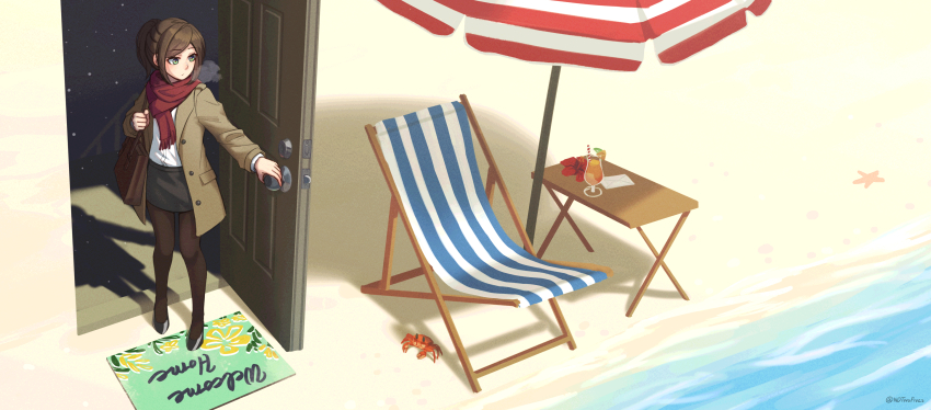 1girl absurdres artist_name bag beach beach_umbrella black_pantyhose black_shoes black_skirt breath brown_coat brown_hair brown_pantyhose chair coat crab dated_commentary day door drink drinking_straw envelope flower folding_chair folding_table full_body glass green_eyes handbag high_heels highres long_sleeves ndtwofives ocean office_lady open_clothes open_coat open_door original outdoors pantyhose ponytail railing red_scarf sand scarf shadow shirt shoes shore sidelocks skirt snow snowing solo stairs standing starfish table umbrella water welcome_mat white_shirt