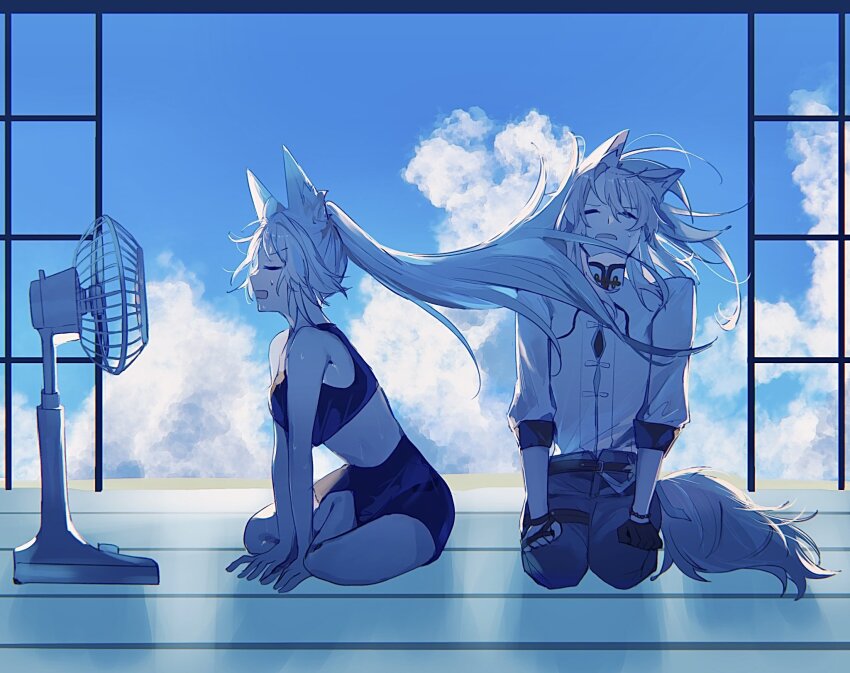 animal_ear_piercing animal_ears crossed_legs face_in_hair feixiao_(honkai:_star_rail) fox_boy fox_ears fox_tail hair_flowing_over hair_in_face high_ponytail highres honkai:_star_rail honkai_(series) jiaoqiu_(honkai:_star_rail) long_hair no_coat ponytail sitting sweat tail very_long_hair x_girl