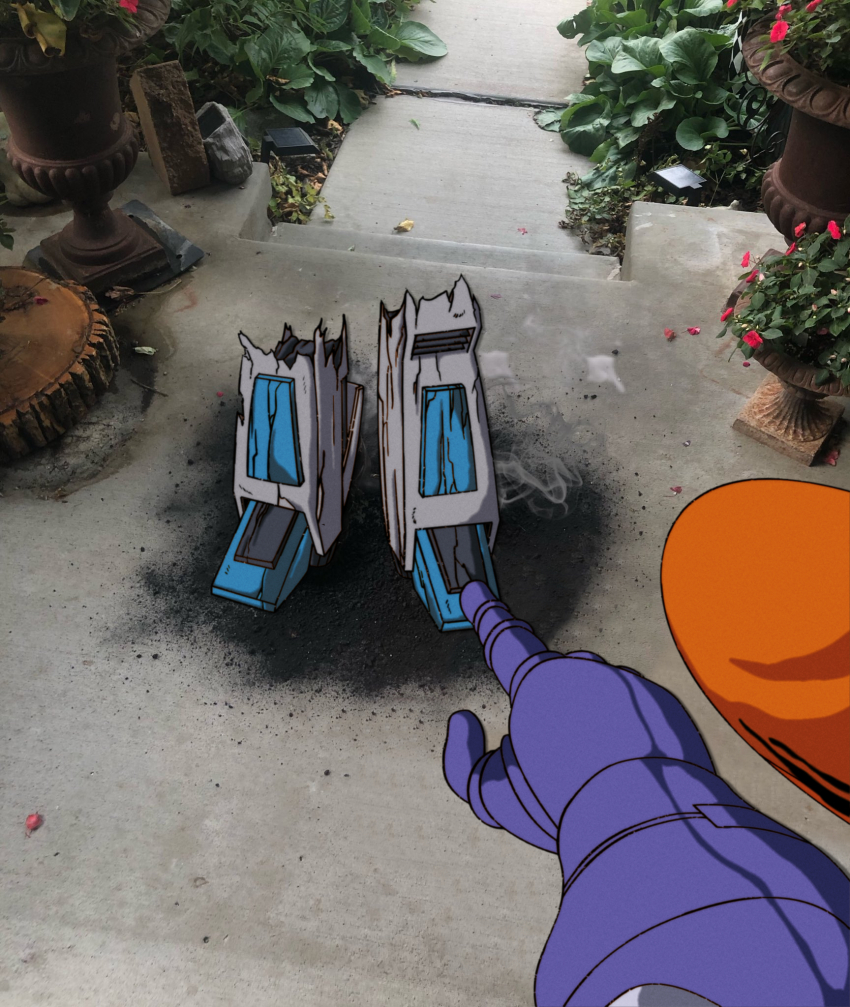 2boys ashes canni_can decepticon disintegration galvatron garden highres leg_only legs mecha meme meme_request multiple_boys pavement photo_background pointing pointing_at_another retro_artstyle robot scene_reference science_fiction shoulder_cannon smoke starscream tagme transformers transformers:_generation_1