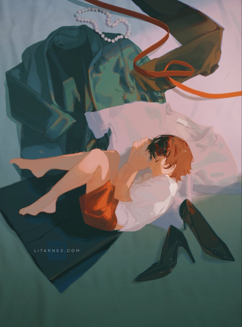 1boy artist_name barefoot black_skirt brown_hair closed_eyes fetal_position green_jacket high_heels highres jacket jewelry litarnes long_sleeves lying male_focus necklace on_floor on_side orange_shorts original pearl_necklace profile shirt short_hair short_sleeves shorts sidelighting skirt sleeping solo watermark web_address white_shirt
