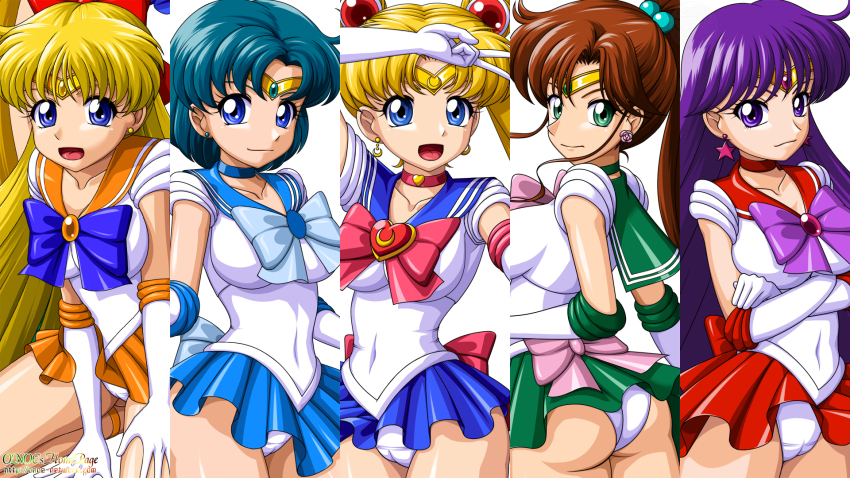 5girls ahoge aino_minako artist_name ass back_bow bishoujo_senshi_sailor_moon blonde_hair blue_eyes blue_hair blue_sailor_collar blue_skirt bow bowtie breasts brooch brown_hair cameltoe choker closed_mouth clothes_lift collarbone commentary covered_erect_nipples crescent crescent_earrings crescent_wand crossed_arms diadem double_bun earrings elbow_gloves eyelashes gloves green_choker green_sailor_collar green_skirt hair_bobbles hair_bow hair_bun hair_ornament hands_on_thighs high_ponytail highres hino_rei inner_senshi jewelry kino_makoto large_breasts legs leotard leotard_peek long_hair looking_at_viewer magical_girl miniskirt mizuno_ami multiple_girls multiple_views onoe open_mouth orange_sailor_collar orange_skirt pleated_skirt ponytail purple_eyes purple_hair red_bow red_bowtie red_choker red_sailor_collar red_skirt sailor_collar sailor_jupiter sailor_mars sailor_mercury sailor_moon sailor_senshi sailor_senshi_uniform sailor_venus short_hair sitting skirt skirt_lift smile standing star_(symbol) star_earrings thighs tongue tsukino_usagi twintails v very_long_hair wariza watermark web_address white_background white_leotard