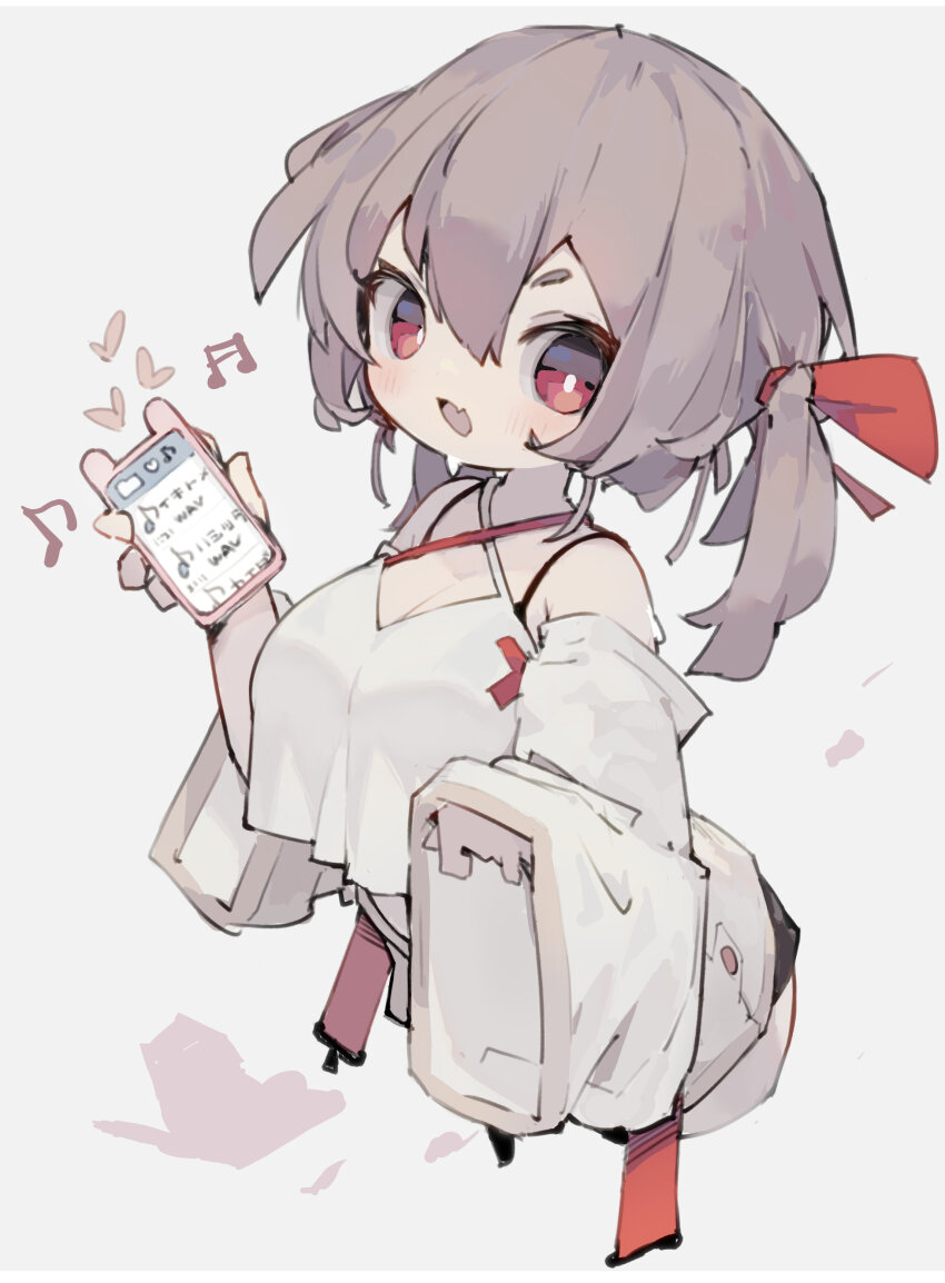 1girl absurdres bare_shoulders breasts bright_pupils brown_hair cellphone cleavage crop_top fang heart highres holding holding_phone medium_hair musical_note nep_(nep_76) open_mouth original phone ponytail red_eyes simple_background skin_fang smartphone solo upper_body white_background white_pupils
