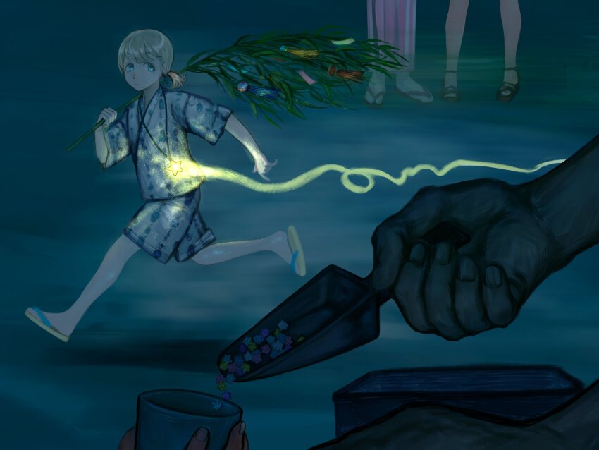 1boy 1other 3girls absurdres alternate_costume alternate_hairstyle bamboo blonde_hair blue_eyes blue_shirt blue_shorts branch candy carrying_over_shoulder closed_mouth cup festival_jinbei flip-flops food glowing_necklace highres holding holding_branch holding_cup idolmaster idolmaster_shiny_colors jewelry konpeitou light_trail looking_at_another looking_to_the_side low_ponytail multiple_girls necklace out_of_frame people ponytail pouring running sandals serizawa_asahi shirt short_ponytail short_sleeves shorts solo_focus star_(symbol) star_necklace tanabata yamaichi_(yama3ichi4)
