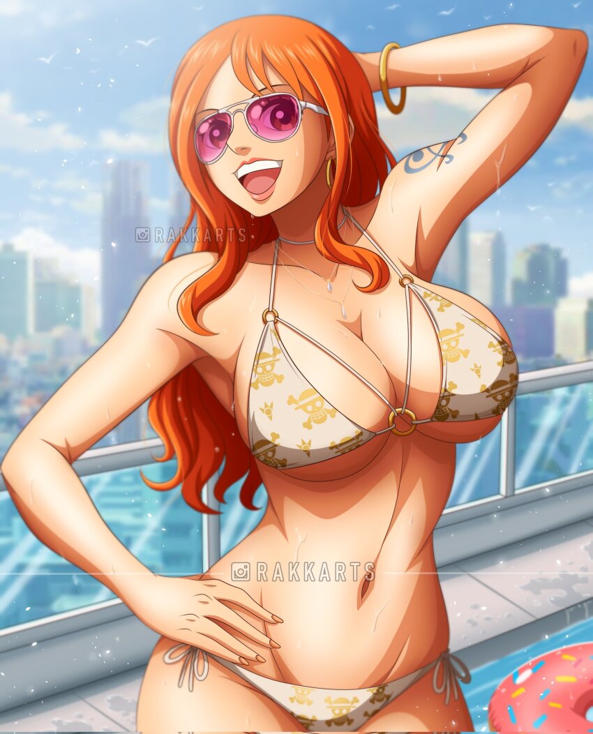1girl aircraft alternate_breast_size arm_behind_head bikini blonde_hair bracelet brand_name_imitation breasts commentary contrapposto cosplay cowboy_shot curvy earrings english_commentary grand_theft_auto grand_theft_auto_vi hand_on_own_hip helicopter highres instagram_logo jewelry large_breasts looking_to_the_side louis_vuitton_(brand) lucia_caminos lucia_caminos_(cosplay) mole mole_above_mouth mole_under_mouth multicolored_hair multiple_moles nami_(one_piece) navel o-ring o-ring_bikini o-ring_top one_piece orange_hair parted_bangs partially_submerged patreon_logo patreon_username purple-tinted_eyewear rakara11_(rakkarts) sideways_glance solo straddling sunglasses swimsuit thick_thighs thighs tinted_eyewear underboob watermark web_address white_bikini wide_hips