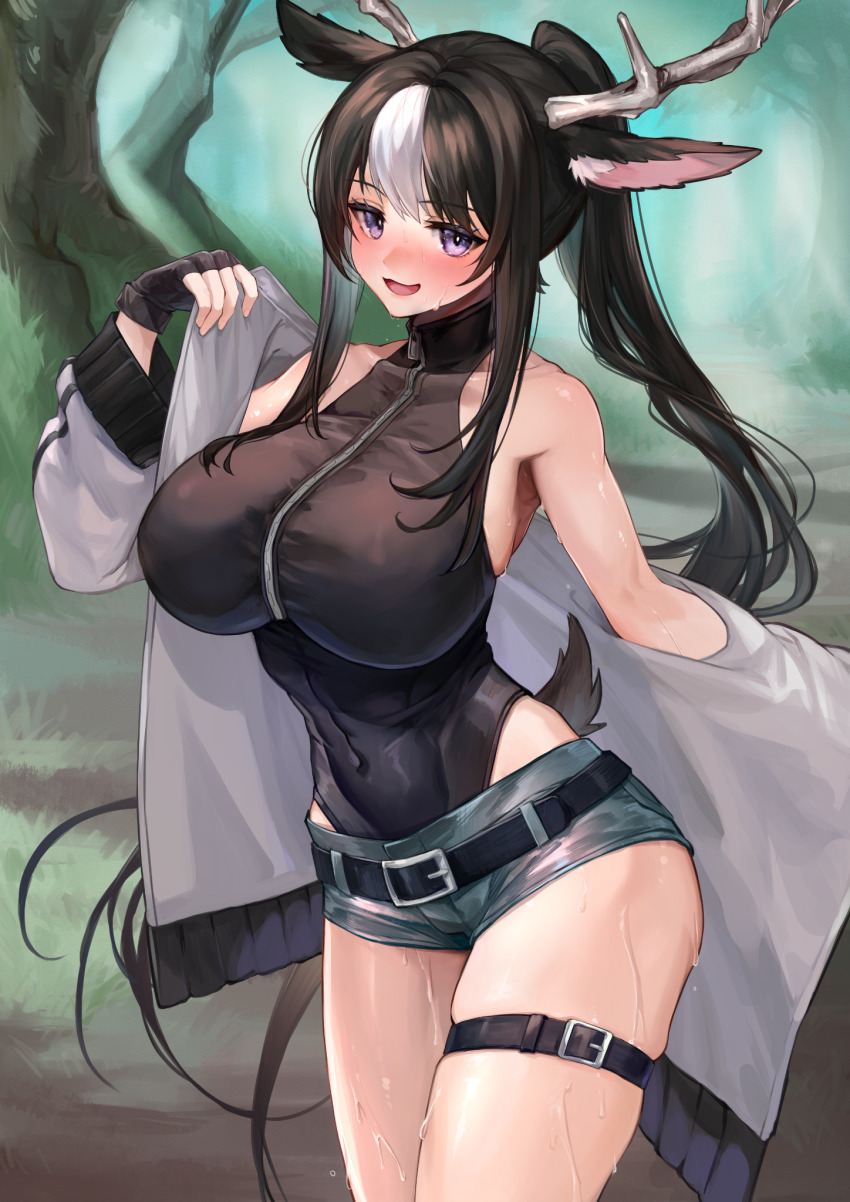 1girl :3 akris_(deer_chang) animal_ears antlers bare_shoulders belt black_belt black_gloves black_hair black_leotard blue_shorts blush breasts collarbone commentary_request commission covered_navel deer_antlers deer_ears deer_girl fingerless_gloves forest gloves heattech_leotard highres horns ito_uuu jacket large_breasts leotard long_hair looking_at_viewer multicolored_hair nature open_mouth original outdoors ponytail purple_eyes second-party_source shorts skeb_commission sleeveless_turtleneck_leotard solo streaked_hair sweat thigh_belt thigh_strap thighs turtleneck undressing very_sweaty white_hair white_jacket