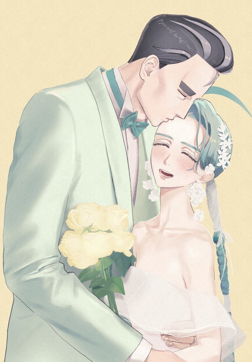 1girl blush dress flower formal_clothes green_hair green_necktie highres hug larry_(pokemon) multicolored_hair necktie nintendo pokemon pokemon_sv rika_(pokemon) smile suit tall_male two-tone_hair wedding_dress yoyoyoshiko7