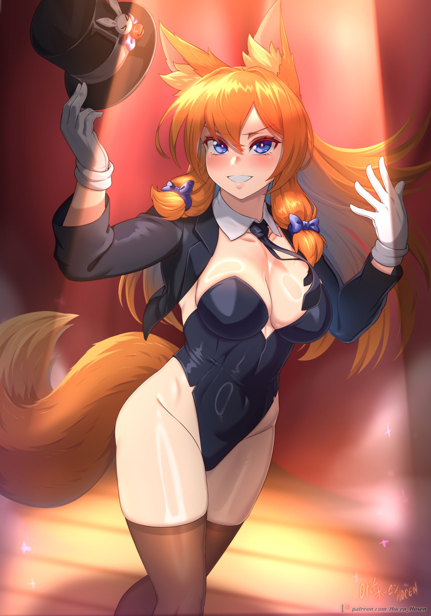 1girl animal_ear_fluff animal_ears artist_name black_hat black_jacket black_leotard black_necktie blue_bow blue_eyes blush bow breasts brown_thighhighs cleavage collarbone commentary commentary_request covered_navel cowboy_shot detached_collar english_commentary eyelashes fox_ears fox_girl fox_tail gloves grin groin hair_between_eyes hair_bow hat highleg highleg_leotard highres holding holding_unworn_clothes holding_unworn_hat jacket kitsu_(vilde_loh_hocen) large_variant_set leotard long_hair long_sleeves looking_at_viewer medium_breasts mixed-language_commentary necktie open_clothes open_jacket open_mouth orange_hair original patreon_logo patreon_username playboy_bunny smile solo spotlight stage strapless strapless_leotard tail thighhighs top_hat unworn_hat unworn_headwear variant_set vilde_loh_hocen watermark web_address white_gloves
