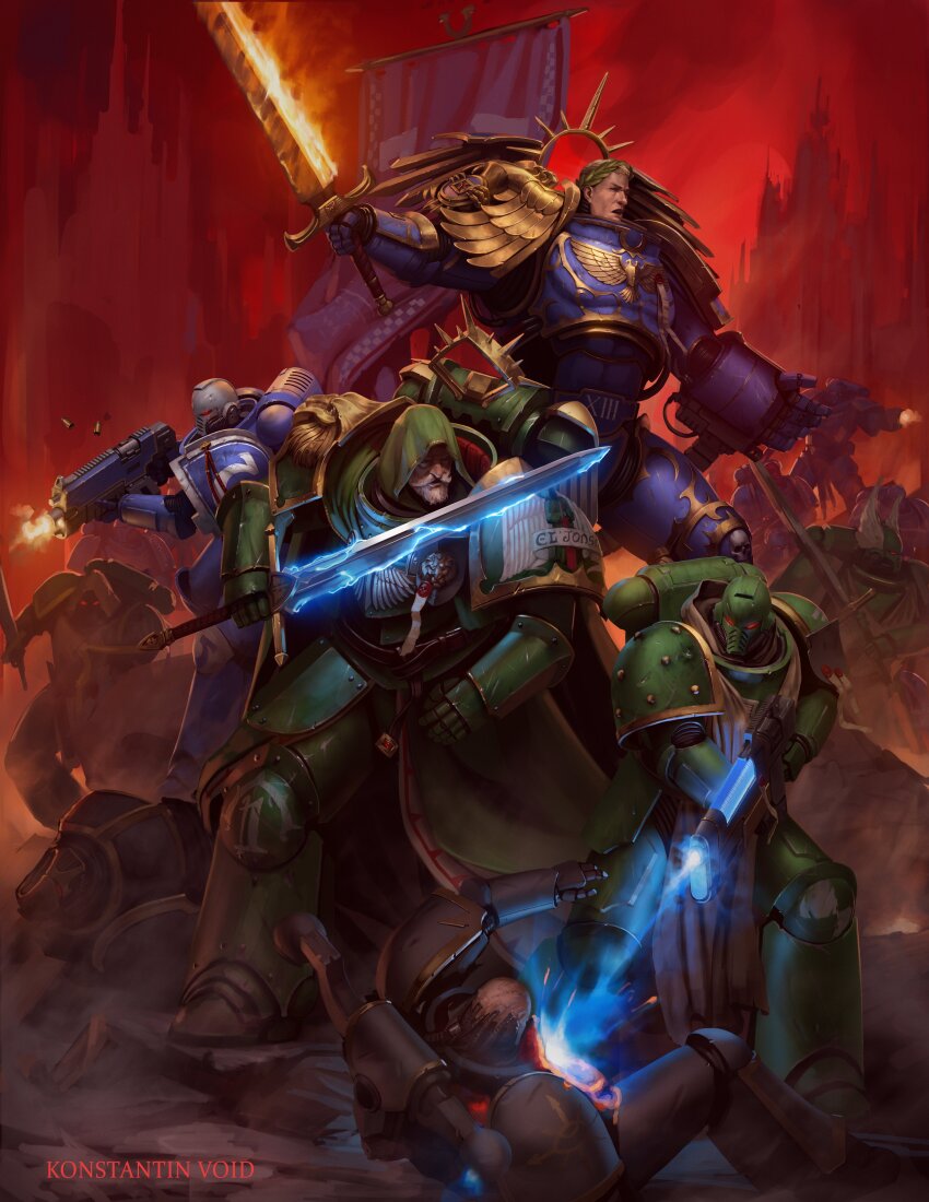 6+boys absurdres adeptus_astartes armor artist_name beard black_legion blonde_hair blue_eyes bolter chaos_space_marine dark_angel death energy_gun facial_hair fire firing flaming_sword flaming_weapon gun guro helmet highres holding holding_gun holding_sword holding_weapon konstantinvoid lion_el&#039;jonson male_focus multiple_boys pauldrons plasma_rifle primarch red_sky roboute_guilliman short_hair shoulder_armor sky sword ultramarines warhammer_40k weapon