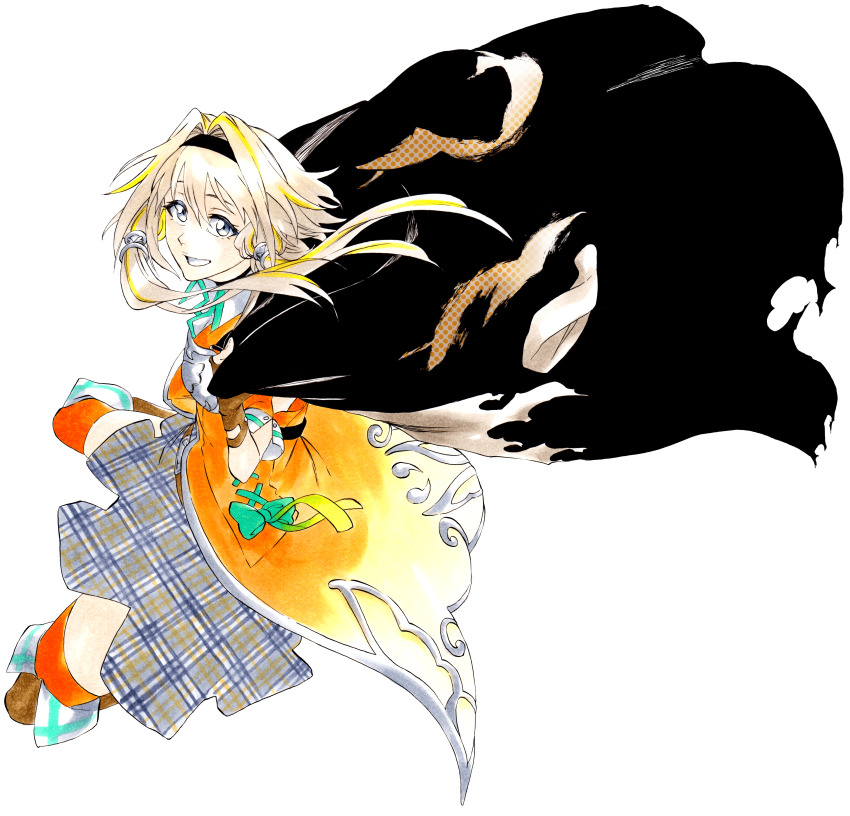 1girl absurdres black_choker blonde_hair boots bow brown_boots choker collared_jacket fingerless_gloves floating_hair gloves green_bow hair_between_eyes hair_intakes hair_tubes highres hiyoku_no_crosspiece ieiri_popo ieiri_popo_(1st_costume) jacket jacket_on_shoulders ken&#039;ichi_(ken1ro_u) multicolored_hair nanashi_inc. orange_jacket plaid_clothes plaid_skirt puffy_short_sleeves puffy_sleeves purple_eyes shihakusho short_hair_with_long_locks short_sleeves skirt smile solo streaked_hair thigh_boots torn_clothes two-tone_hair virtual_youtuber white_background