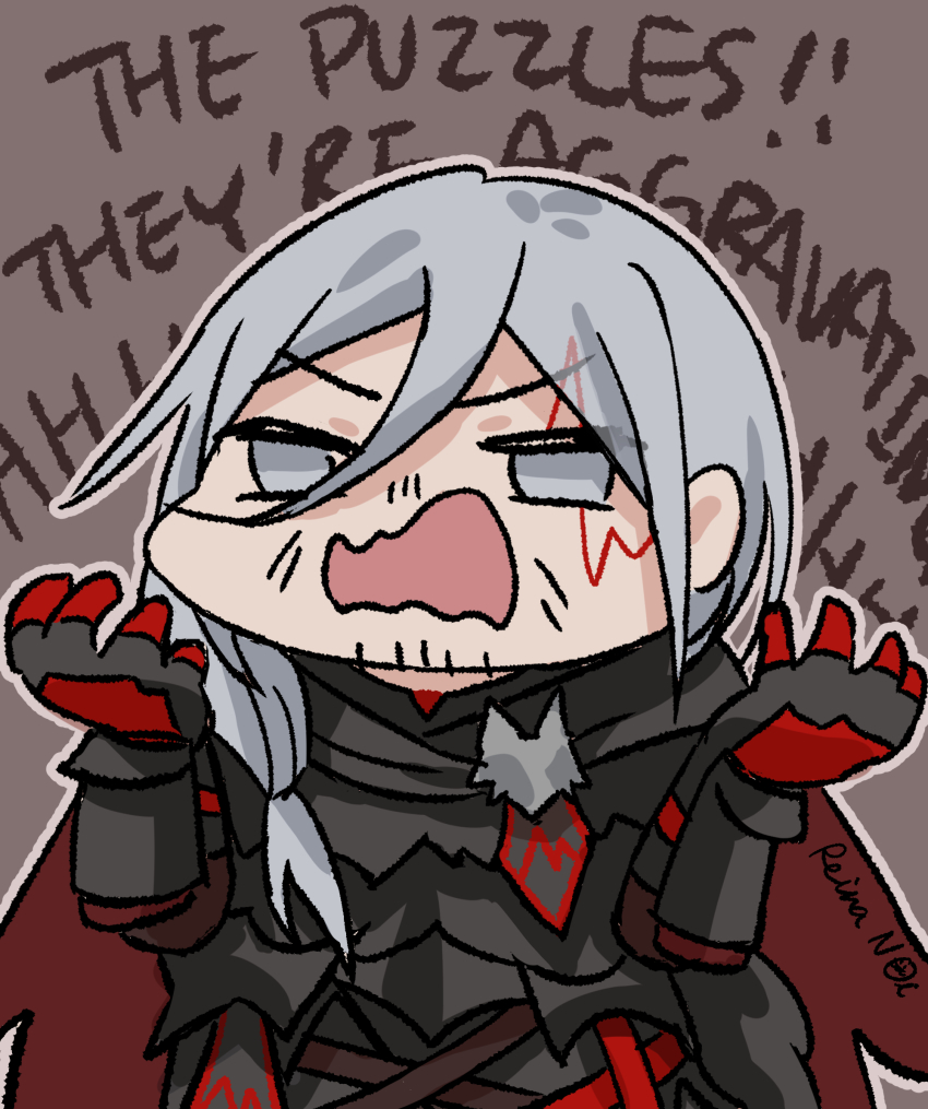 armor black_armor black_gloves chibi fulgur_ovid fulgur_ovid_(4th_costume) gloves grey_eyes grey_hair highres looking_at_viewer medium_hair nijisanji nijisanji_en official_alternate_costume open_mouth red_gloves reina_noi scar scar_across_eye scar_on_face solo two-tone_gloves virtual_youtuber