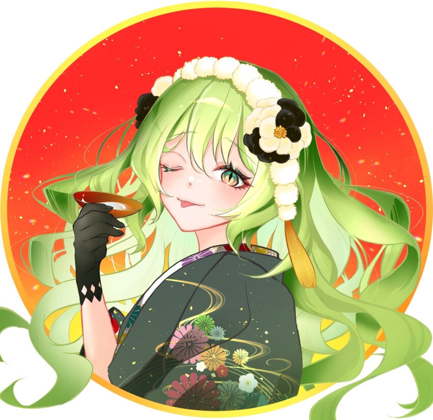 1girl alternate_costume black_gloves commentary_request cup flower gloves green_hair green_kimono hair_flower hair_ornament happal9v6l highres holding holding_cup honkai_(series) honkai_impact_3rd japanese_clothes kimono long_hair mobius_(honkai_impact) oval_background red_background sakazuki slit_pupils solo tongue tongue_out upper_body