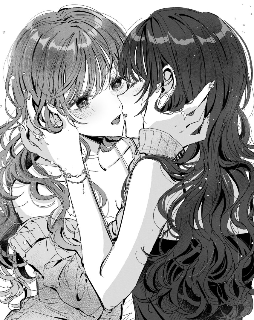 2girls absurdres blush bracelet closed_eyes commentary ear_piercing greyscale hand_in_another&#039;s_hair hashtag-only_commentary highres imminent_kiss jewelry light_particles long_hair looking_at_another monochrome multiple_girls off_shoulder open_mouth original piercing ring rococomm123 upper_body yuri