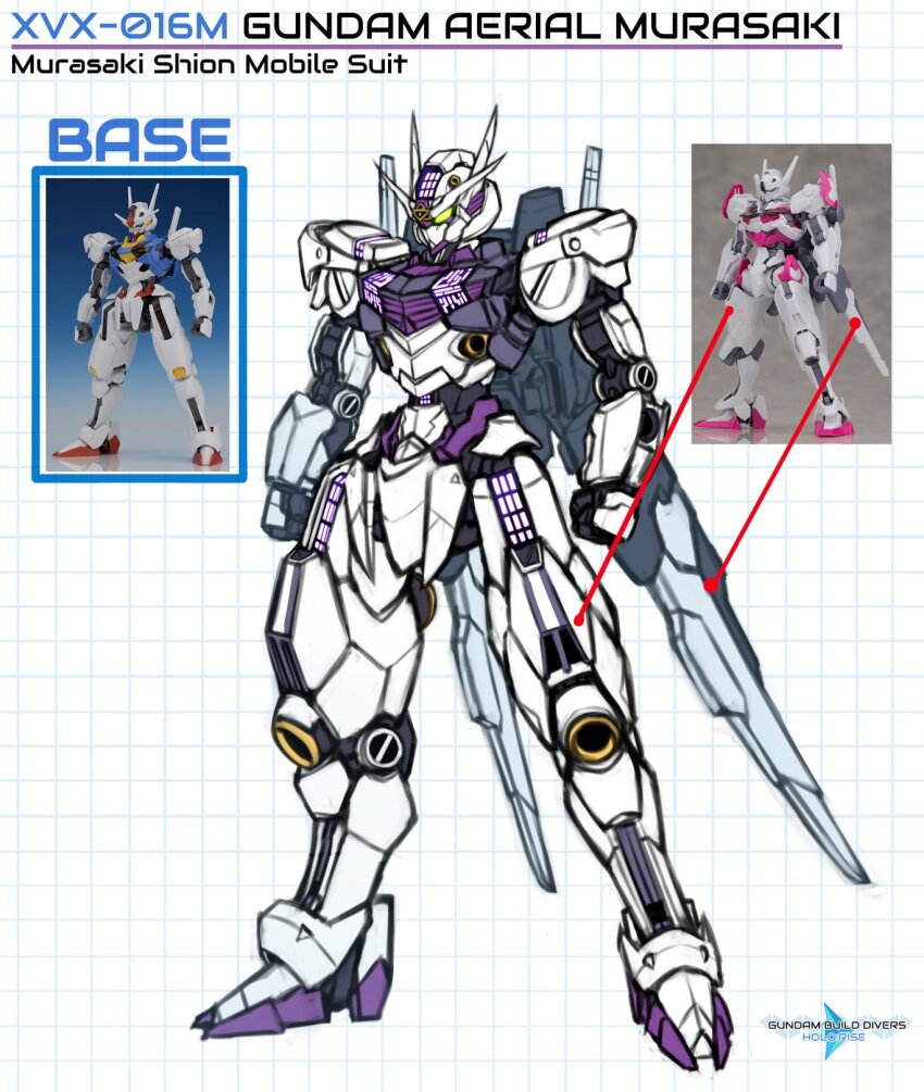 clenched_hands english_text full_body gundam gundam_aerial gundam_build_divers gundam_build_divers_re:rise gundam_lfrith gundam_suisei_no_majo highres hololive mecha mecha_focus mobile_suit no_humans photo_inset pinguinkotak redesign reference_sheet robot science_fiction sketch standing v-fin white_background yellow_eyes