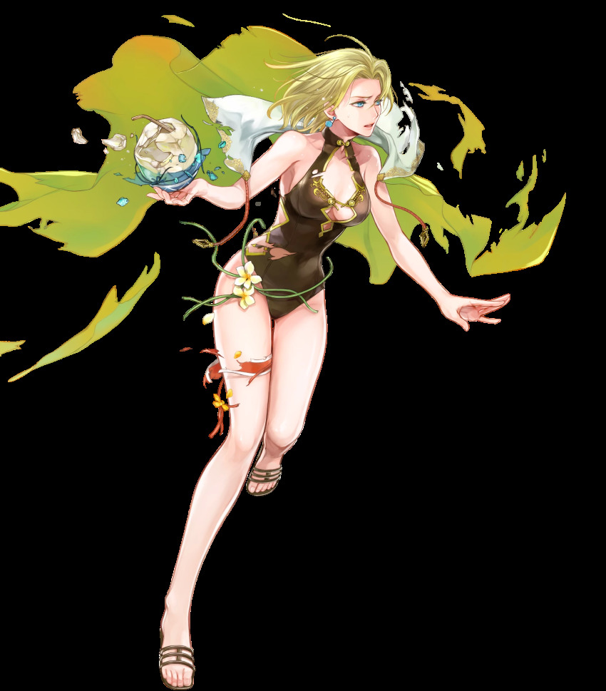 1girl bare_arms blonde_hair blue_eyes breasts cape cleavage coconut collarbone drinking_straw earrings feet female_focus fire_emblem fire_emblem:_the_sacred_stones fire_emblem_heroes flower fruit_cup full_body green_cape high_heel_sandals highleg highleg_one-piece_swimsuit highres holding jewelry long_hair looking_at_viewer medium_breasts nintendo official_art one-piece_swimsuit parted_bangs parted_lips sandals selena_(fire_emblem:_the_sacred_stones) selena_(summer)_(fire_emblem:_the_sacred_stones) shiny_skin solo swimsuit thigh_strap thighs toes torn_cape torn_clothes torn_swimsuit transparent_background wada_sachiko