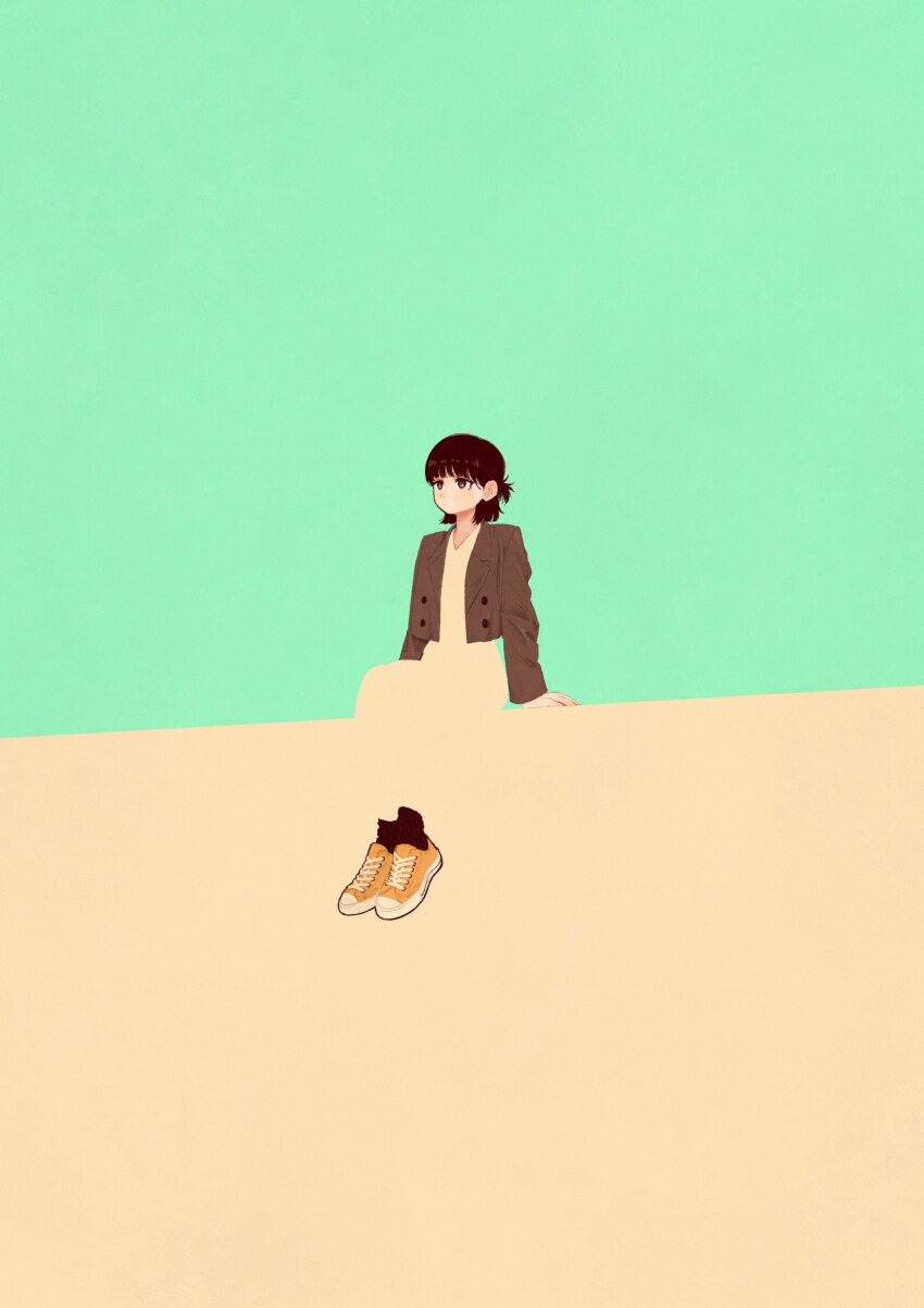 1girl aqua_background black_hair black_socks blending brown_jacket dress expressionless highres jacket long_sleeves original shoes short_hair sitting socks solo syooooyoooo two-tone_background white_background white_dress wide_shot yellow_shoes
