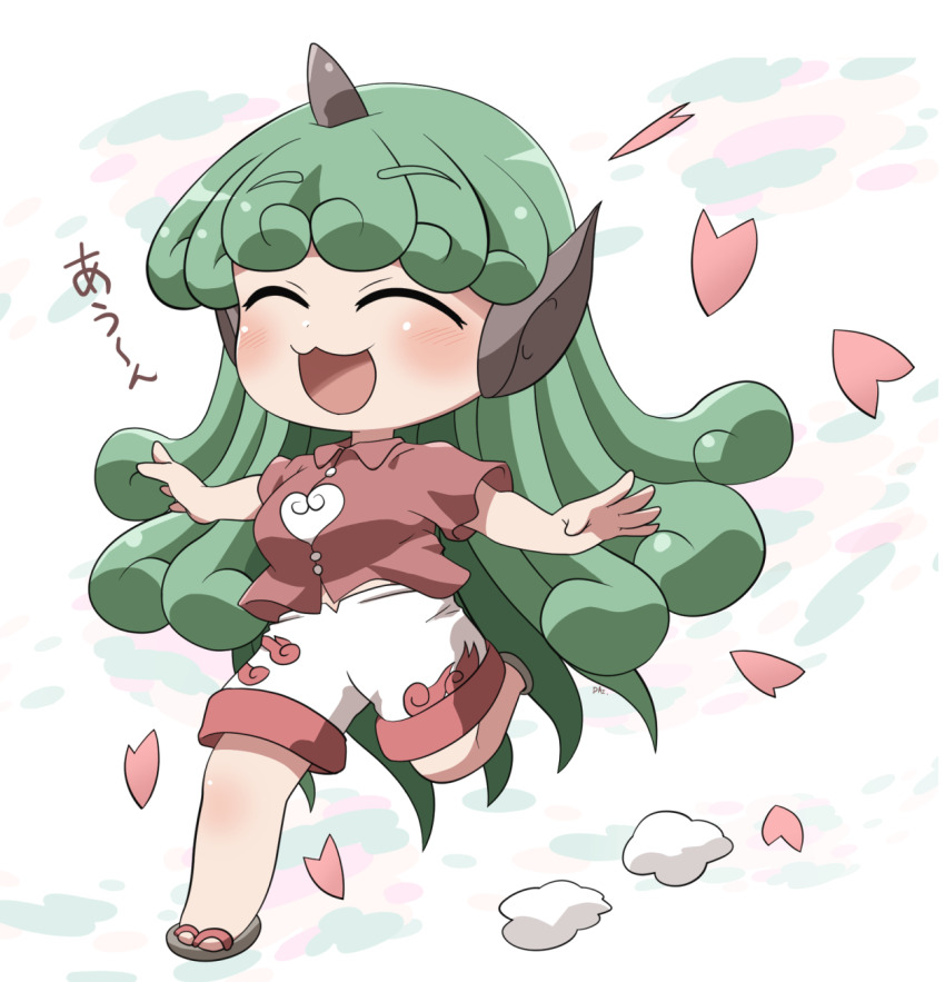 1girl :3 :d ^_^ blush brown_sandals closed_eyes collared_shirt commentary_request curly_hair full_body green_hair grey_horns highres horns kariyushi_shirt komainu_ears komainu_girl komano_aunn long_hair open_mouth red_shirt rokugou_daisuke sandals shirt short_sleeves shorts signature single_horn smile solo standing standing_on_one_leg touhou white_background white_shorts