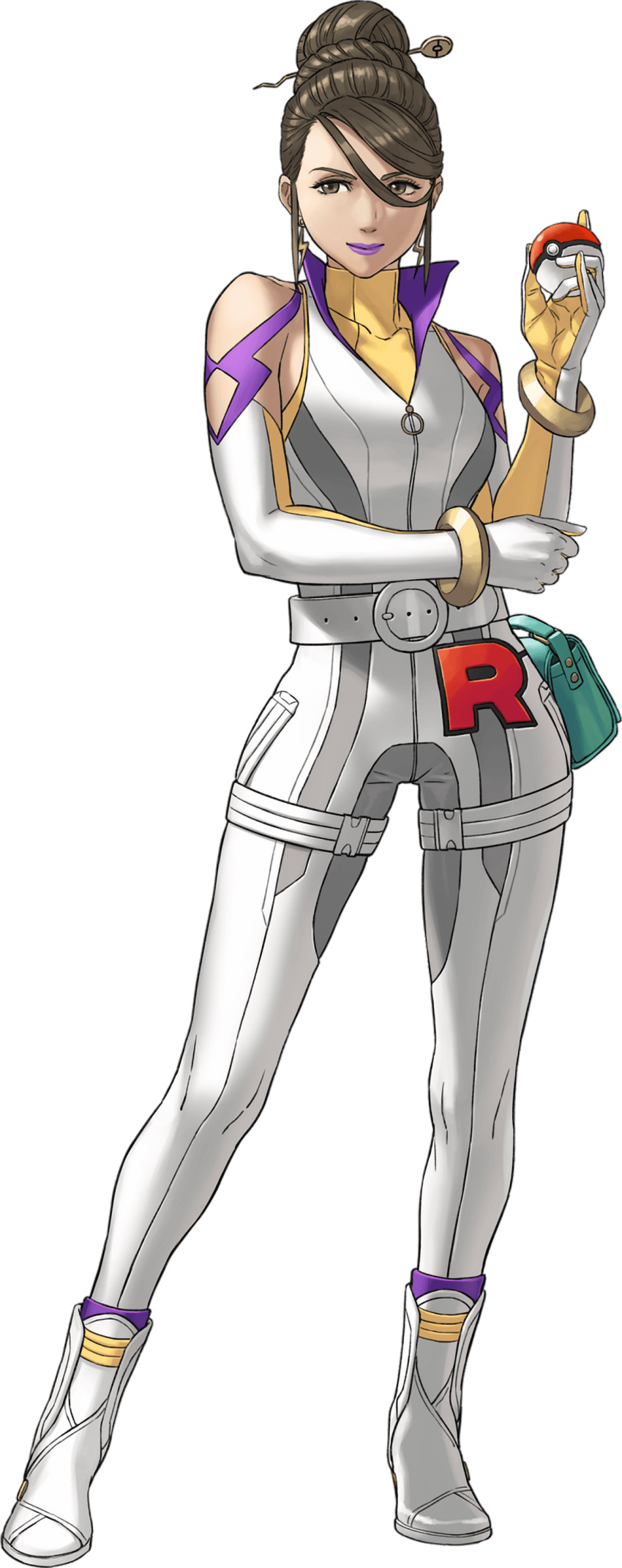 1girl absurdres bag bare_shoulders belt bodysuit boots brown_eyes brown_hair eyeshadow full-length_zipper gloves hair_bun hair_ornament hairpin highres long_sleeves makeup nintendo poke_ball pokemon pokemon_go purple_lips sierra_(pokemon) single_hair_bun skin_tight solo team_rocket white_belt white_bodysuit white_boots zipper zipper_pull_tab