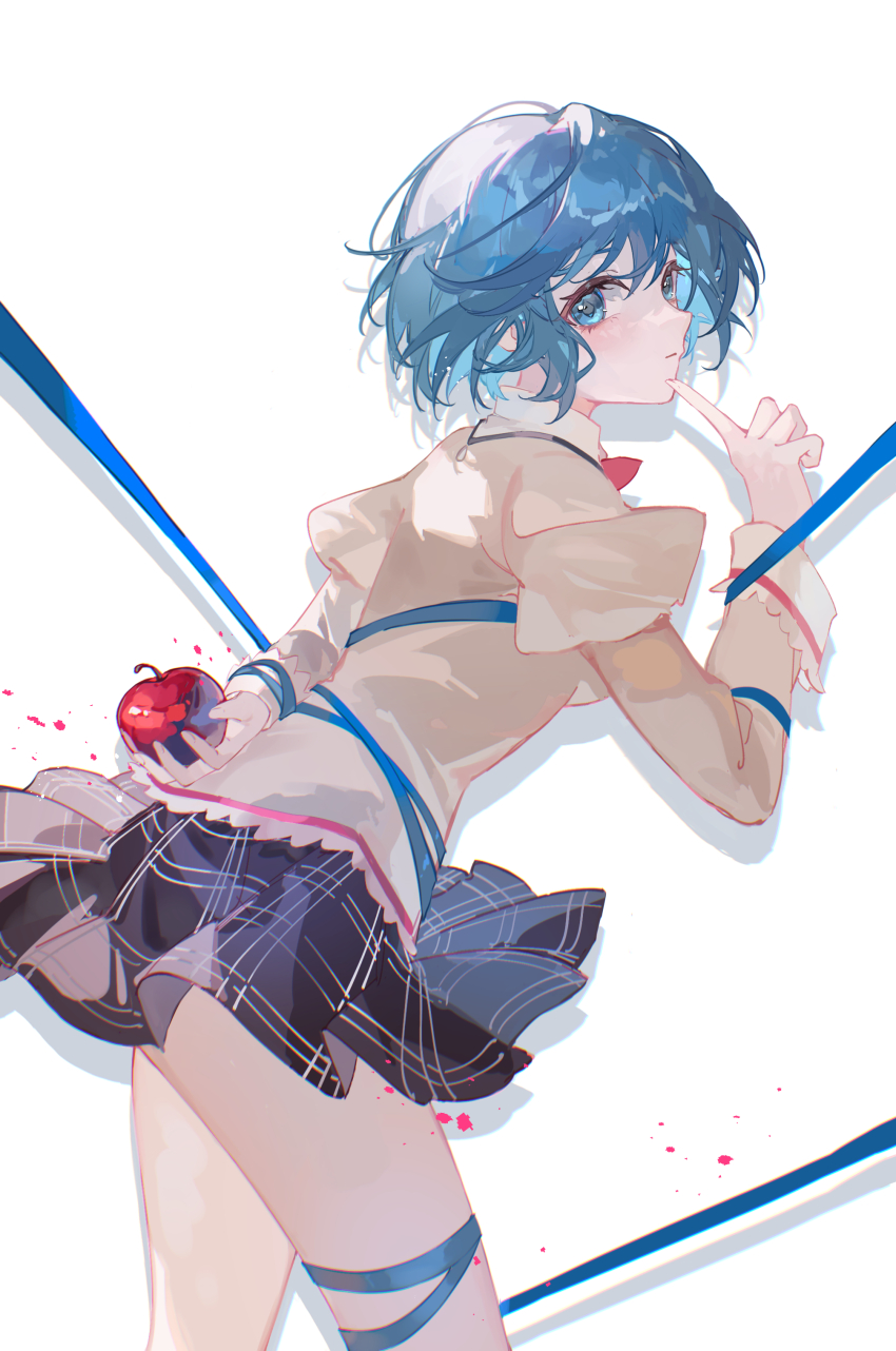 1girl absurdres apple black_skirt blue_eyes blue_hair blue_ribbon breasts closed_mouth commentary_request cowboy_shot food from_behind fruit highres holding holding_food holding_fruit juliet_sleeves lixiang_guo_alice long_sleeves looking_at_viewer mahou_shoujo_madoka_magica miki_sayaka miniskirt mitakihara_school_uniform plaid_clothes plaid_skirt puffy_sleeves ribbon school_uniform short_hair skirt solo white_background