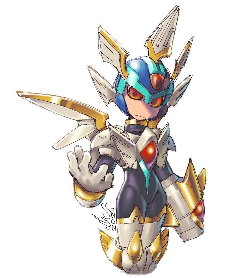 1boy 2021 :| alternate_form android arm_cannon armor black_bodysuit blue_helmet bodysuit boots breastplate caliginousarts chest_jewel closed_mouth copy_x_(mega_man) core cropped_legs expressionless forehead_jewel gem gloves gold_armor gold_trim hand_up head_wings helmet highres looking_at_viewer male_focus mechanical_wings mega_man_(series) mega_man_zero_(series) mega_man_zero_1 red_eyes red_gemstone signature simple_background solo thigh_boots ultimate_armor_x_(mega_man) weapon white_armor white_background white_gloves wings x_(mega_man)