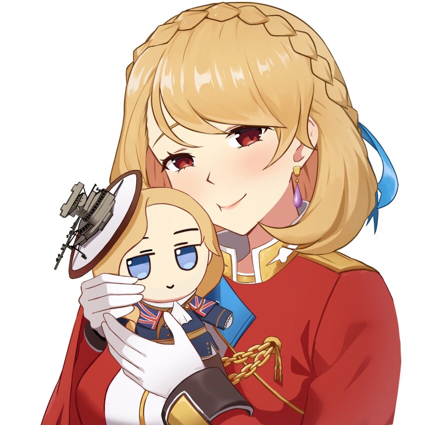 1girl absurdres azur_lane blonde_hair blue_ribbon braid breasts chain character_doll closed_mouth commission crown_braid doll earrings fumo_(doll) gloves hair_ribbon highres holding holding_doll hood_(azur_lane) jacket jewelry long_sleeves looking_at_viewer medium_breasts medium_hair nyle404 prince_of_wales_(azur_lane) red_eyes red_jacket ribbon ring simple_background smile solo union_jack_print upper_body vgen_commission white_background white_gloves