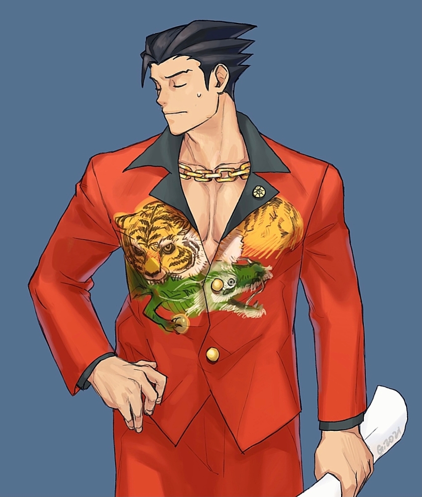 1boy ace_attorney alternate_costume artist_name black_hair black_shirt blue_background buttons capcom chain chain_necklace closed_mouth collarbone cosplay cowboy_shot dated closed_eyes forehead furio_tigre furio_tigre_(cosplay) godzillapigeon1 gold_chain hand_on_own_hip highres holding holding_paper jacket large_pectorals long_sleeves male_focus necklace nervous no_shirt pants paper pectoral_cleavage pectorals phoenix_wright phoenix_wright:_ace_attorney_-_trials_and_tribulations pin red_jacket red_pants shirt short_hair signature simple_background solo spiked_hair standing sweat