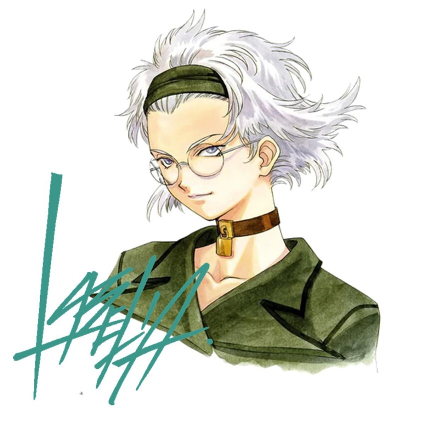 brown_choker character_name choker coat collar collarbone crack cracked_glass cropped_shoulders english_text glasses green_coat green_headband green_sleeves grey_eyes headband highres light_smile lobelia_carlini lone_nape_hair matsubara_hidenori neck nose official_art padlocked_choker rimless_eyewear round_eyewear sakura_taisen sakura_taisen_iii sega short_hair simple_background solo third-party_source trench_coat very_short_hair white_background white_hair