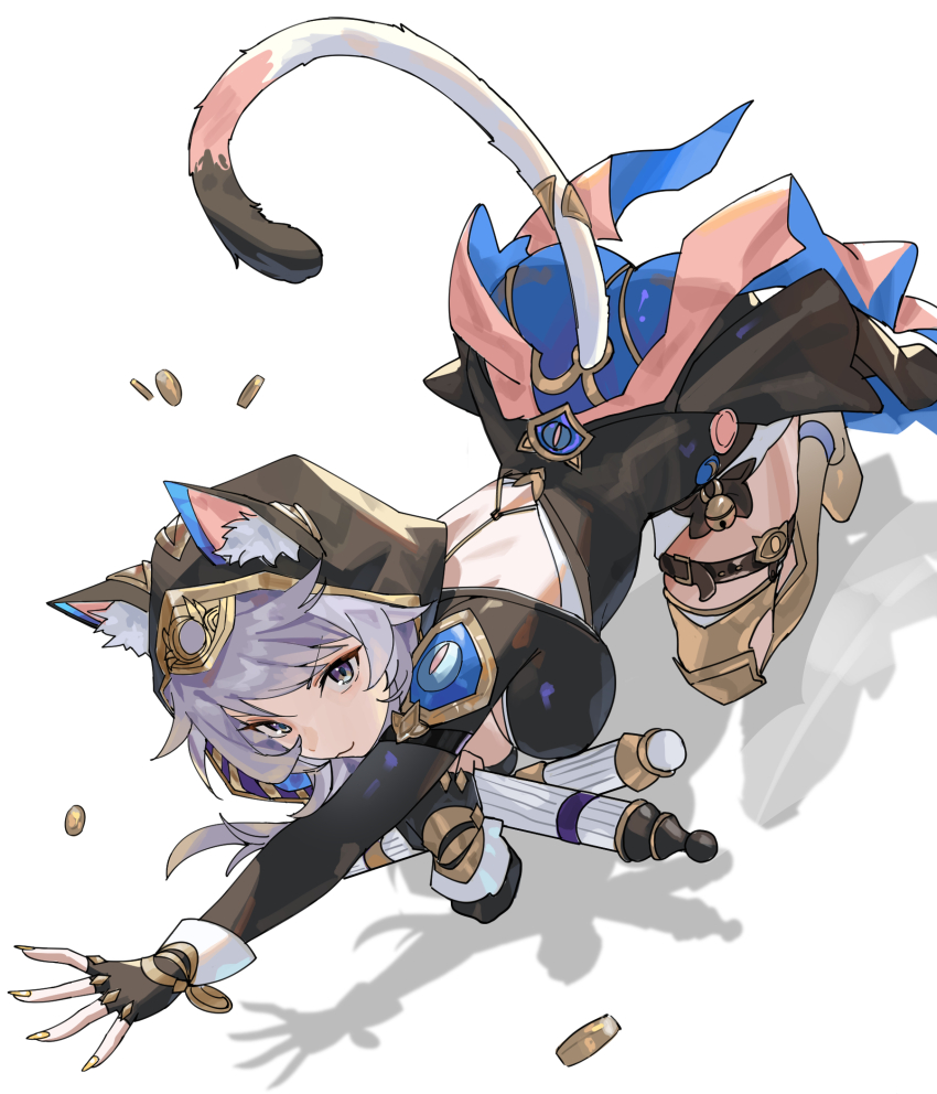 1girl animal_ear_fluff animal_ears animal_hood ass bent_over black_gloves black_leotard boots breasts cat_ears cat_girl cat_hood cat_tail cipher_(honkai:_star_rail) coin commentary_request fingerless_gloves gloves gold_boots gold_coin grey_hair highres holding holding_scroll honkai:_star_rail honkai_(series) hood hooded_leotard jia_ma large_breasts leotard scroll short_hair_with_long_locks simple_background solo tail thigh_boots white_background yellow_nails