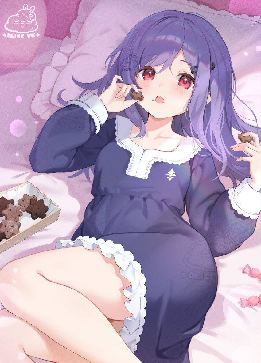 1girl absurdres alice_vu artist_logo artist_name bed_sheet black_dress candy_wrapper commentary cookie dress food frilled_dress frills hair_ornament hairclip highres holding holding_food iris_(stella_sora) logo long_sleeves looking_at_viewer lying on_back on_bed purple_hair red_eyes solo star-shaped_cookie star-shaped_food star_(symbol) stella_sora symbol-only_commentary thighs