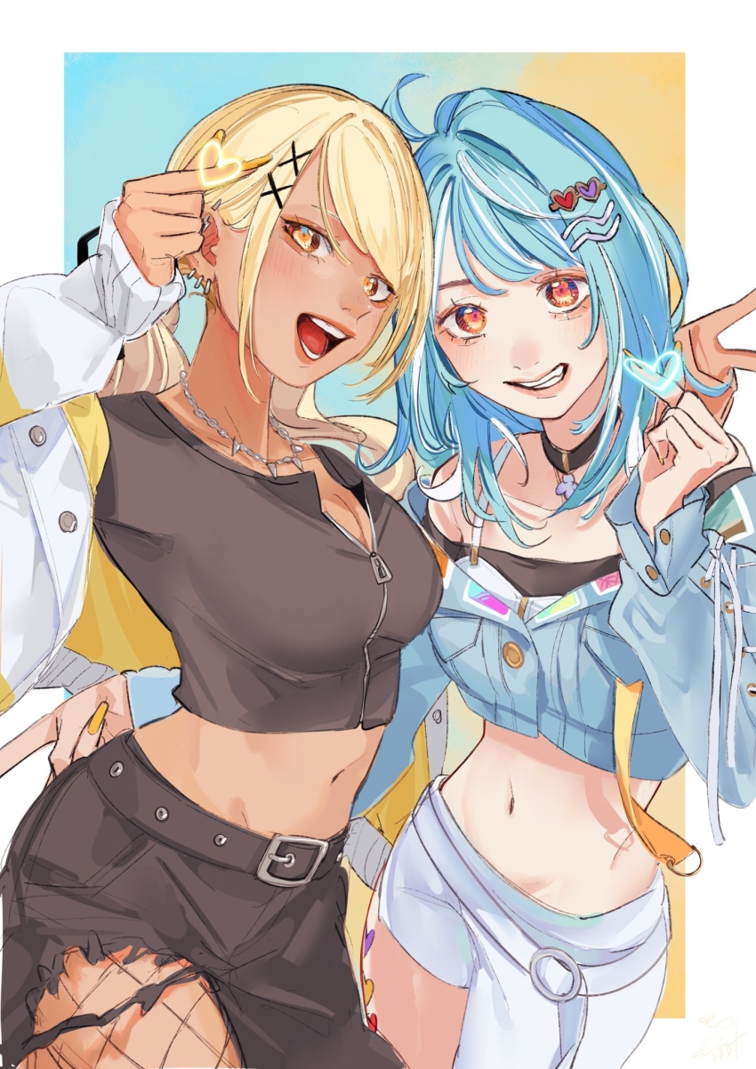 2girls ahoge asymmetrical_clothes barbell_piercing bare_shoulders belt black_belt black_pants black_shirt blonde_hair blue_hair breasts cleavage cowboy_shot crop_top cropped_jacket cropped_shirt denim denim_jacket ear_piercing earrings finger_heart fishnets grin hair_ornament hairpin highres industrial_piercing jacket jewelry kaminari_qpi kaminari_qpi_(2nd_costume) long_hair long_sleeves looking_at_viewer low_twintails medium_hair midriff multicolored_hair multicolored_jacket multiple_girls multiple_hairpins navel necklace off-shoulder_jacket off_shoulder open_mouth orange_eyes orange_nails pants parted_bangs partially_unzipped pendant_choker piercing shiranami_ramune shiranami_ramune_(1st_costume) shirt sidelocks single_hair_intake single_pantsleg smile streaked_hair studded_belt torn_clothes torn_pants twintails two-tone_jacket v virtual_youtuber vspo! white_belt white_pants zipper_top zoramaruta