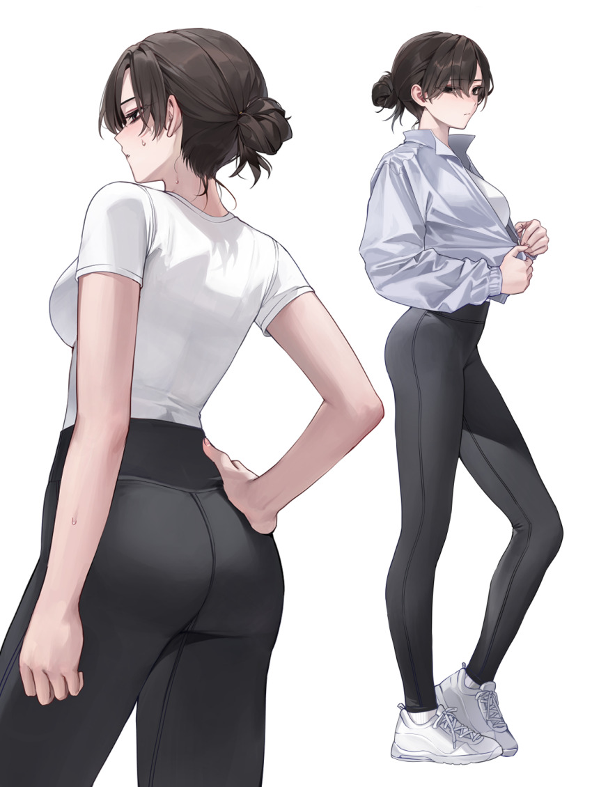 1girl ass black_eyes black_hair black_leggings bra_visible_through_clothes breasts commentary_request hair_bun hand_on_own_hip highres jacket large_breasts leggings long_sleeves looking_at_viewer multiple_views original sabotensuteeki shirt shoes short_hair simple_background single_hair_bun sneakers sweatdrop white_background white_jacket white_shirt white_shoes