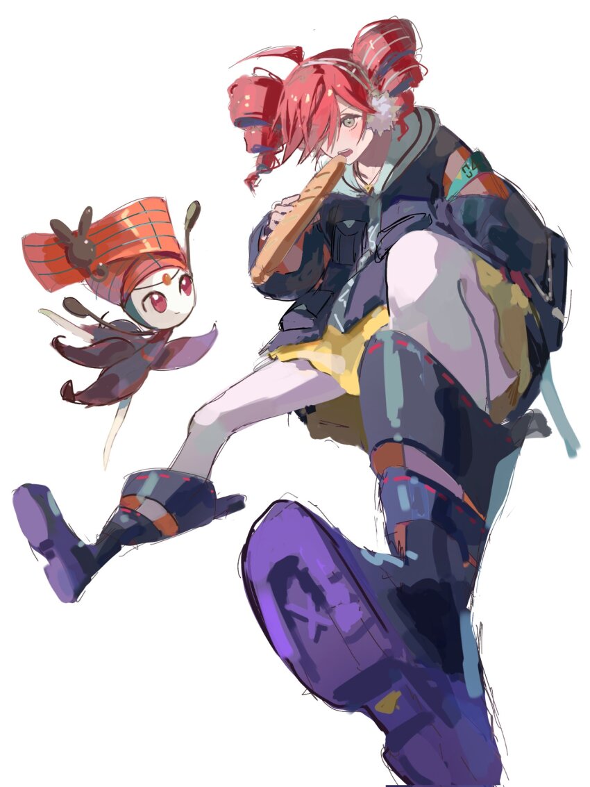 ahoge baguette black_boots black_jacket blush boots bread closed_mouth collarbone drill_hair eating flat_chest food full_body gen_5_pokemon grey_eyes grey_shirt hair_over_one_eye hashtag-only_commentary highres holding holding_food imminent_bite jacket kasane_teto knee_boots legendary_pokemon looking_at_viewer meloetta meloetta_(pirouette) mythical_pokemon nintendo open_mouth pantyhose platform_boots pokemon pokemon_(creature) project_voltage red_eyes red_hair rival_teto_(project_voltage) ru_y021 shirt simple_background skirt symbol-shaped_pupils triangle-shaped_pupils twin_drills upper_body utau vocaloid white_background white_pantyhose yellow_skirt