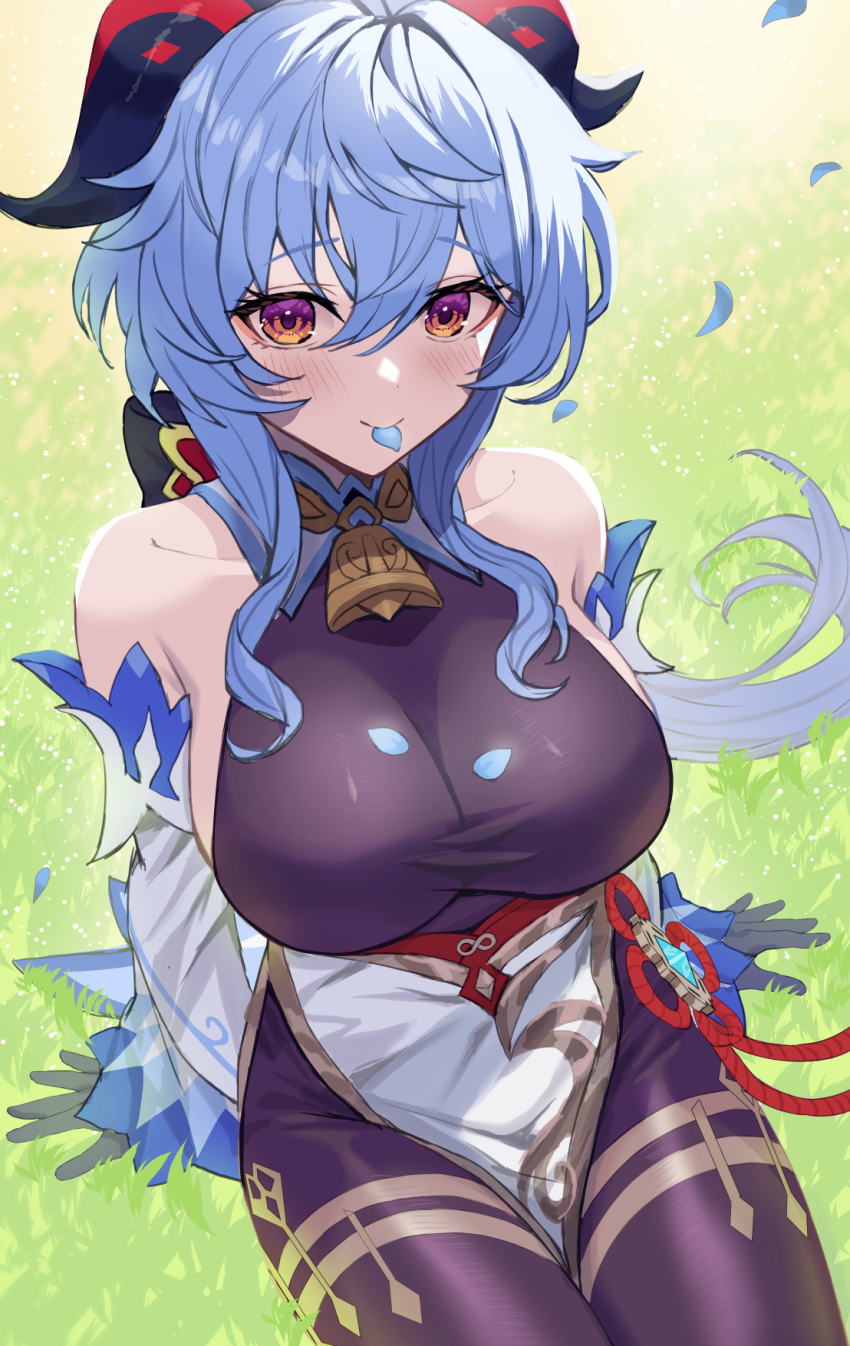 1girl ahoge bare_shoulders bell beppu_mitsunaka black_gloves blue_hair blush bodystocking breasts brown_pantyhose detached_sleeves dress ganyu_(genshin_impact) genshin_impact gloves highres horns large_breasts long_hair looking_at_viewer pantyhose petals purple_eyes sidelocks sitting smile solo thighs vision_(genshin_impact) white_dress
