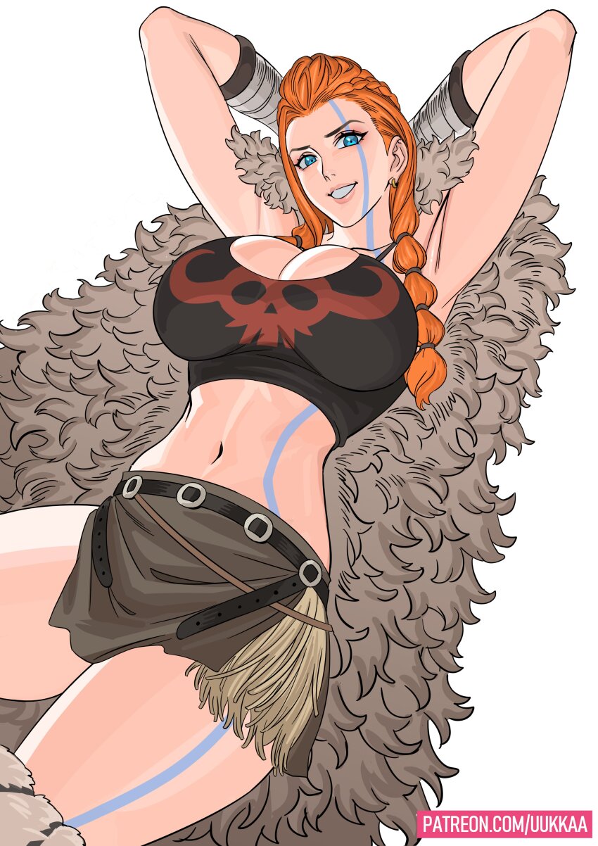 1girl absurdres armpits arms_up belt blue_eyes braid breasts cape cleavage crop_top earrings fur_cape giant highres jewelry large_breasts looking_at_viewer mature_female one_piece orange_hair patreon_username ripley_(one_piece) shirt skirt smile solo thick_thighs thighs uukkaa viking