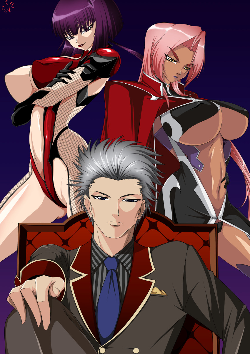1boy 2girls absurdres bob_cut breasts curvy dark-skinned_female dark_skin edwin_black highleg highleg_leotard highres ingrid_(taimanin_asagi) large_breasts leotard long_hair looking_at_viewer mamerui multiple_girls oboro_(taimanin_asagi) revealing_clothes serious shiny_skin smug taimanin_(series) taimanin_asagi taimanin_murasaki