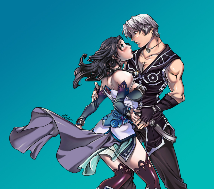1boy 1girl ass bare_shoulders blue_background breasts couple gradient_background hetero jewelry lloyd lloyd_(dragoon) looking_at_another marci_miller muscular necklace open_mouth original red_eyes silver_hair simple_background standing teeth the_legend_of_dragoon upskirt wingly