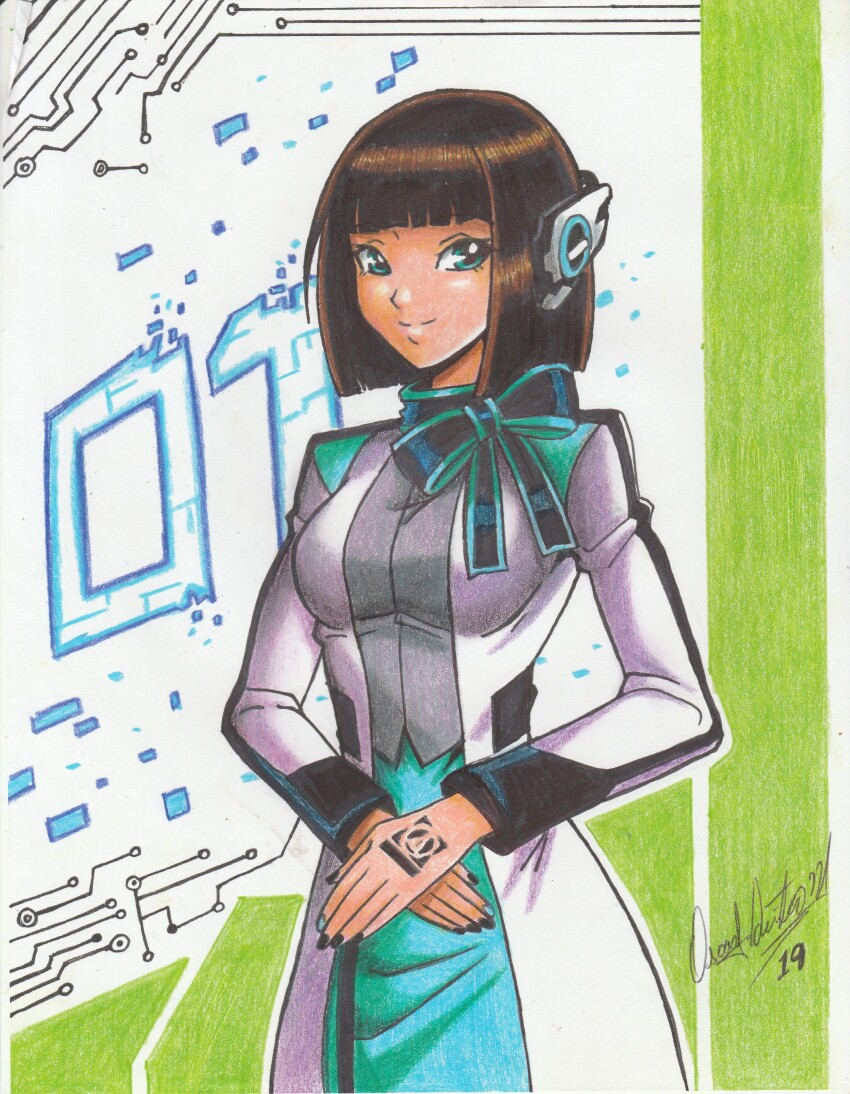 1girl 2019 absurdres aqua_eyes aqua_skirt artist_name black_nails blunt_bangs bob_cut breasts brown_hair coat cowboy_shot female_focus headphones highres humagear_headphones is_(kamen_rider_01) kamen_rider kamen_rider_01_(series) long_sleeves medium_breasts multicolored_hair own_hands_together ravernclouk_design ribbon skirt smile solo streaked_hair traditional_media white_coat