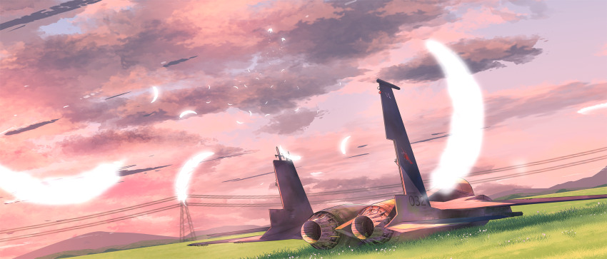 ace_combat ace_combat_zero aircraft airplane bird blue_sky cloud cloudy_sky damaged day f-15_eagle feathers fighter_jet grass grasslands highres line4x military military_vehicle no_humans power_lines scenery sky transmission_tower