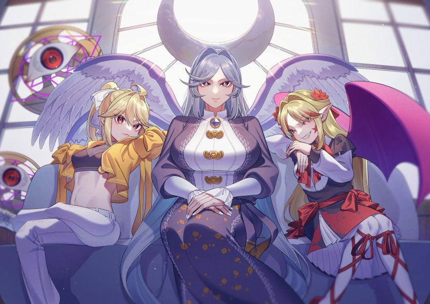 3girls absurdres adapted_costume alternate_costume angel angel_wings bat_wings black_dress blonde_hair blue_eyes blue_hair blue_skirt blue_vest bow brooch clothing_cutout crescent crossed_legs crossed_wrists dress elis_(touhou) extra_eyes facial_mark fangs feathered_wings floral_print flower frilled_dress frills genderswap genderswap_(otf) guumin hair_bow hair_flower hair_ornament hands_on_own_legs highly_responsive_to_prayers highres jacket jewelry long_hair long_skirt long_sleeves looking_at_viewer midriff multiple_girls multiple_wings navel navel_cutout pants pointy_ears ponytail puffy_sleeves purple_eyes purple_wings red_eyes ribbon sariel_(touhou) seraph shirt sitting skirt smile star_(symbol) star_facial_mark stomach thighhighs touhou touhou_(pc-98) very_long_hair vest white_bow white_pants white_shirt white_thighhighs window wings yellow_jacket yuugenmagan