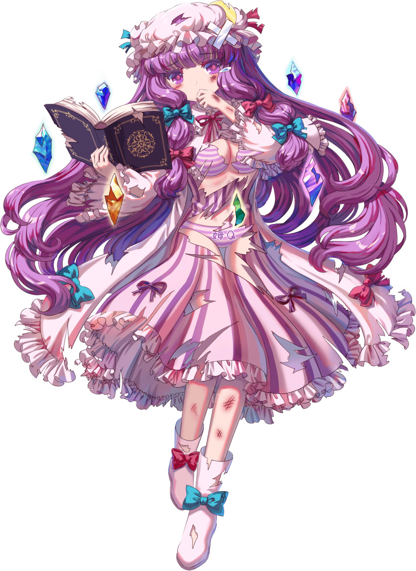 1girl absurdres blue_bow blue_gemstone blunt_bangs book boots bow bra breasts chinese_text cleavage crescent crescent_hat_ornament crossed_bandaids crystal dress footwear_ribbon frilled_dress frills full_body game_cg gem green_gemstone grimoire hair_bow hat hat_ornament highres holding holding_book injury kumio long_hair mob_cap mukyuu non-web_source panties patchouli_knowledge pink_boots pink_bra pink_dress pink_hat pink_panties purple_bra purple_eyes purple_gemstone purple_hair purple_panties purple_ribbon red_bow red_gemstone ribbon robe striped_bra striped_clothes striped_dress striped_panties tachi-e teardrop torn_book torn_boots torn_bow torn_bra torn_clothes torn_dress torn_footwear torn_hat torn_ribbon torn_robe touhou touhou_blooming_chaos transparent_background underwear vertical-striped_bra vertical-striped_clothes vertical-striped_dress vertical-striped_panties white_robe yellow_gemstone