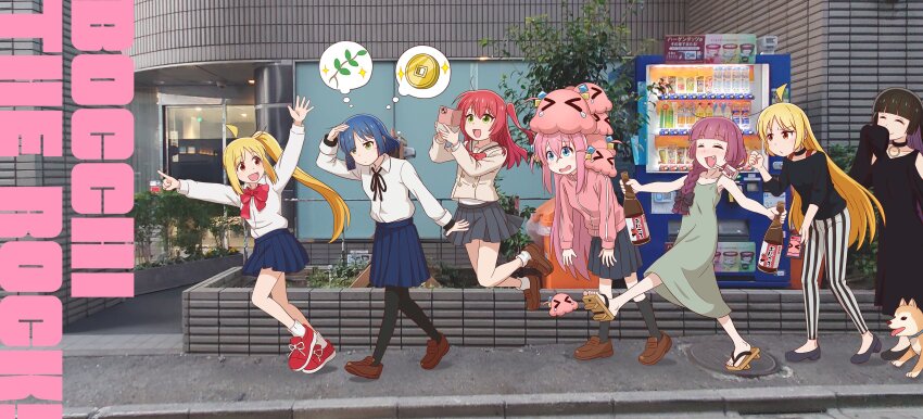 &gt;_&lt; 6+girls :d absurdres ahoge alcohol alcohol_carton angry ankle_socks arm_up black_choker black_dress black_hair black_pants black_ribbon black_sandals black_shirt black_shoes black_socks black_thighhighs blonde_hair blue_skirt blush bocchi_the_rock! bottle bow bowtie bra_strap braid breasts brown_cardigan brown_shirt buttons cardigan cellphone choker cleavage clenched_hand clenched_hands closed_eyes closed_mouth coin collarbone colored_inner_hair crying cube_hair_ornament detached_ahoge detached_sleeves dog dot_nose dress drunk eyes_visible_through_hair feet frown full_body geta gotoh_hitori gotoh_hitori_(octopus) grass green_dress hair_between_eyes hair_ornament hair_over_shoulder hair_ribbon hairclip hand_on_own_head hands_up highres hime_cut hiroi_kikuri holding holding_bottle holding_phone holed_coin ijichi_nijika ijichi_seika jacket jewelry jumping kita_ikuyo kneehighs loafers logo long_hair long_sleeves looking_at_another looking_back medium_breasts mole mole_under_eye multicolored_hair multiple_girls neck_ribbon one_eye_covered open_mouth pa-san pants phone pink_jacket pleated_skirt pointing polka_dot polka_dot_bow polka_dot_bowtie ponytail_with_braided_base purple_hair real_life_insert real_world_location red_bow red_eyes red_hair red_shoes ribbon sailor_collar sake sake_bottle sandals school_uniform serafuku sharp_teeth shiba_inu shimokitazawa_high_school_uniform shirt shirt_tucked_in shirt_under_shirt shoes short_hair side_ahoge side_braid side_ponytail single_braid skirt sleeveless sleeves_past_fingers sleeves_past_wrists small_breasts smartphone smile socks spaghetti_strap speech_bubble squeans straight_hair striped_clothes striped_pants tamakon_(twit_kon) teeth thighhighs thinking thought_bubble three-quarter_sleeves track_jacket two-tone_hair upper_teeth_only vending_machine vertical-striped_clothes vertical-striped_pants very_long_hair walking white_shirt white_socks yamada_ryo zipper