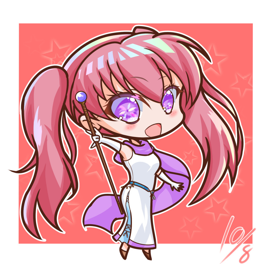 1girl chibi dress fire_emblem fire_emblem:_the_blazing_blade griffonmask11 highres holding holding_staff long_hair nintendo open_mouth pink_hair purple_eyes serra_(fire_emblem) smile staff twintails white_dress
