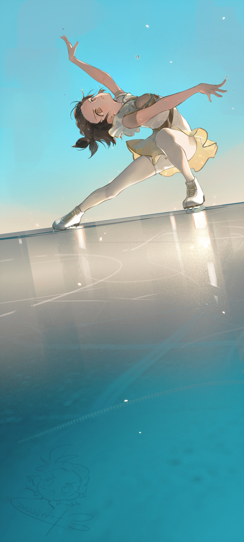 1girl absurdres artist_name brown_eyes brown_hair child commentary_request dress dynamic_pose figure_skating figure_skating_dress full_body highres ice_skates ice_skating medalist_(manga) outstretched_arms outstretched_hand pantyhose parted_lips short_hair signature skates skating skating_rink solo toto_(caaaaarrot) two-tone_dress white_pantyhose yuitsuka_inori