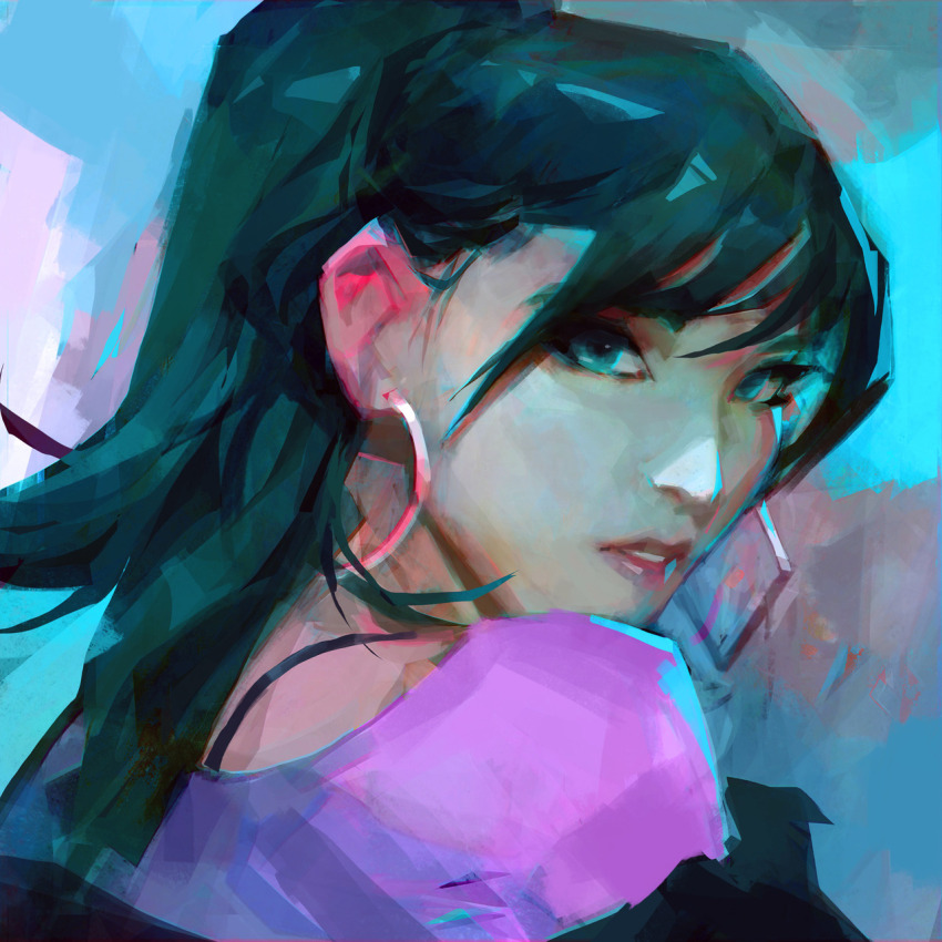 1girl black_hair blue_background blue_eyes blue_light commentary earrings english_commentary half_updo highres hoop_earrings jewelry k-pop parted_lips pink_lips pink_shirt real_life red_velvet_(group) samuelyounart shirt sidelocks solo wendy_(red_velvet)
