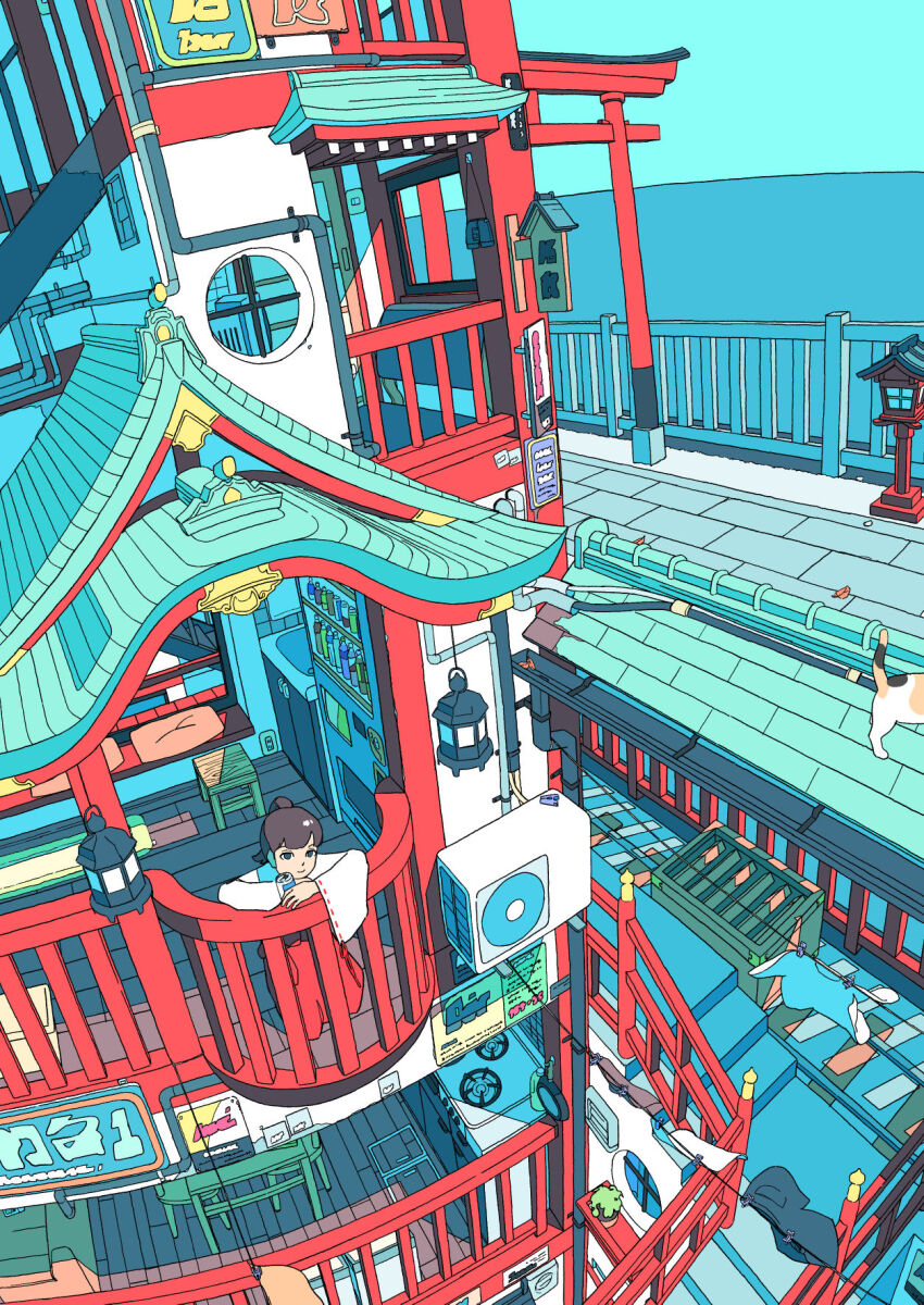 1girl against_railing akabane_1999 banister blue_eyes blue_sky brown_hair building calico_(pattern) calico_cat can cat chair clothesline commentary condenser_unit cover_image cushion drink_can footstool from_above gutter hakama hanging_lantern highres holding holding_can japanese_clothes kimono kitchen lantern looking_at_viewer medium_hair miko original plant ponytail potted_plant railing railroad_tracks red_hakama round_window scenery shinto shrine sign sky smile soda_can solo stairs stove table textless_version torii town unworn_clothes vending_machine white_kimono window wooden_floor wooden_lantern