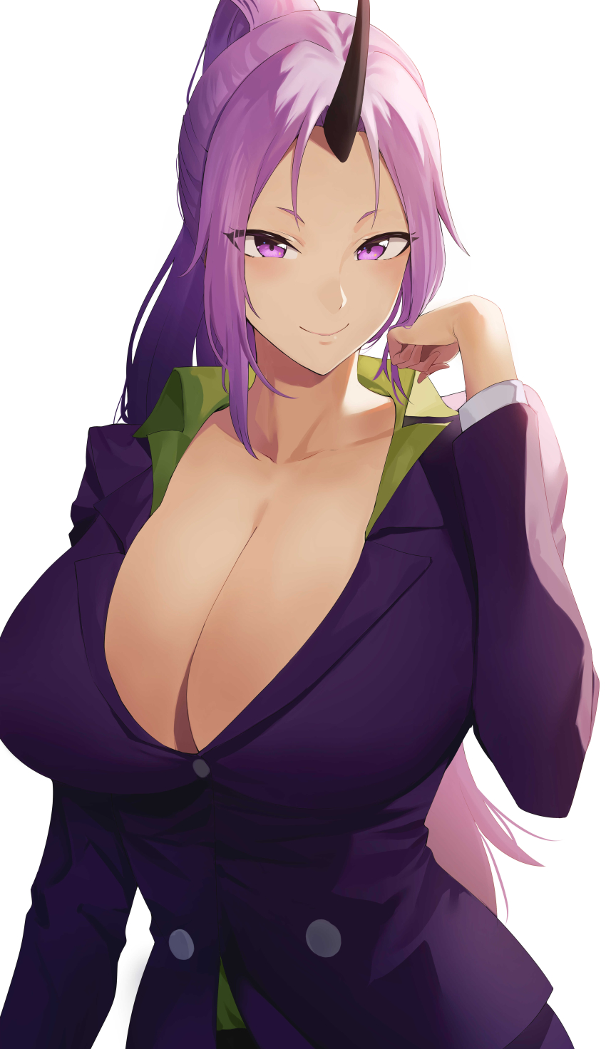 1girl absurdres arm_up belt black_belt black_horns black_horns breasts buttons cleavage closed_mouth collared_shirt eyes_visible_through_hair green_shirt high_ponytail highres horn horns huge_breasts jacket long_hair looking_at_viewer office_lady one_horn oni oni_girl oni_horn oni_horns pants ponytail purple_eyes purple_hair purple_jacket purple_pants purple_suit rororo shion_(tensura) shirt sidelocks single_horn smile solo suit tensei_shitara_slime_datta_ken white_background