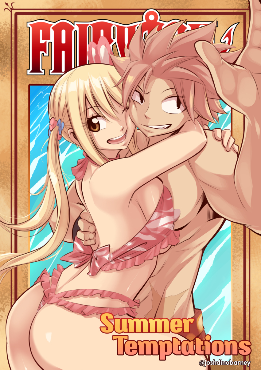 1boy 1girl ;d absurdres artist_name ass bikini blonde_hair breast_press brown_eyes commentary copyright_name cowboy_shot english_commentary fairy_tail grin highres hug joshdinobarney long_hair lucy_heartfilia male_swimwear natsu_dragneel one_eye_closed open_mouth orange_male_swimwear pink_bikini pink_hair short_hair sidelocks smile swimsuit topless_male twintails twitter_username