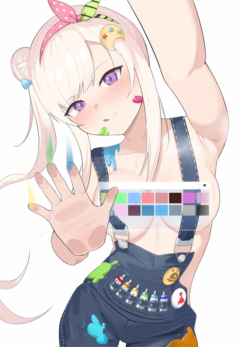 1girl absurdres airani_iofifteen armpits bare_shoulders blue_suspenders breasts cowboy_shot hair_bun highres hololive hololive_indonesia large_breasts paint_on_body paint_on_clothes paint_splatter paint_splatter_on_face purple_eyes shift_(shiftillust) simple_background solo suspenders sweat virtual_youtuber white_background white_hair